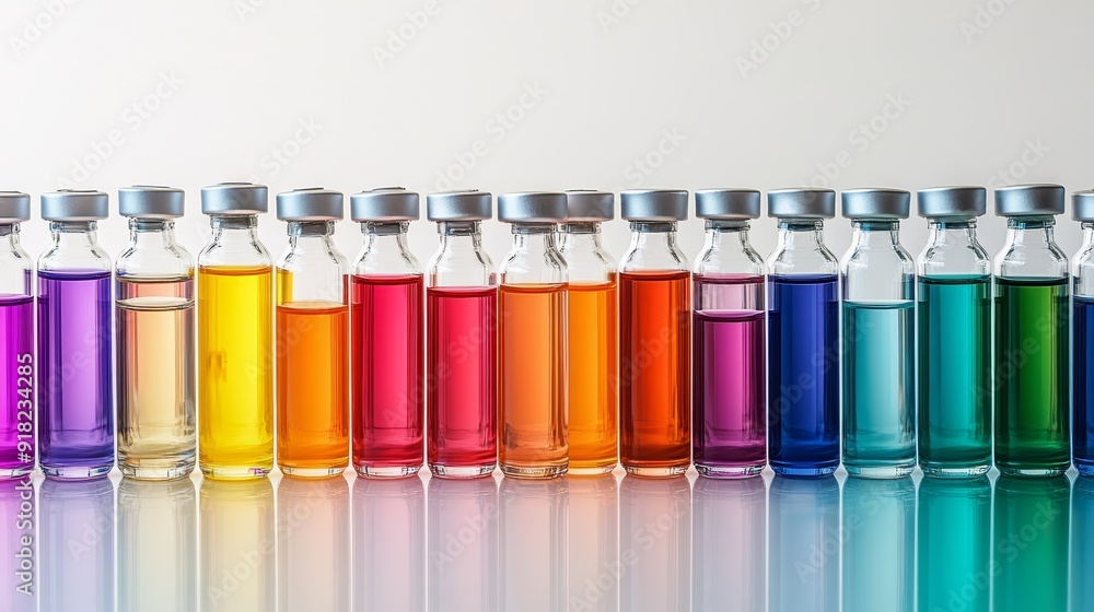 Colorful Glass Vials in a Row on White Background - A row of glass vials filled with colorful liquids, representing science, research, medicine, and experimentation. Colorful Glass Vials in a Row on White Background - A row of glass vials filled with colorful liquids, representing science, research, medicine, and experimentation.