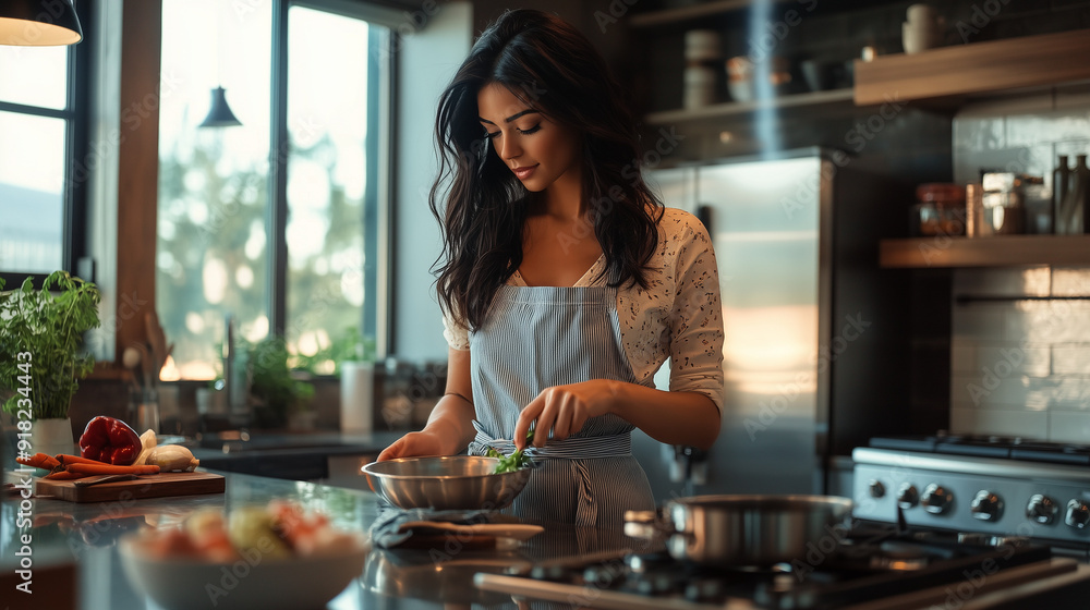 traditional wife with brown hair at the kitchen cooking a meal. Modern kitchen and a woman preparing dinner. traditional wife with brown hair at the kitchen cooking a meal. Modern kitchen and a woman preparing dinner.