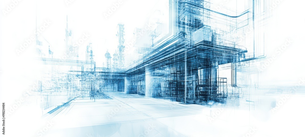 Industrial steel area with a digital overlay of blue technical drawings and blueprints, set against a minimalist white background Industrial steel area with a digital overlay of blue technical drawings and blueprints, set against a minimalist white background