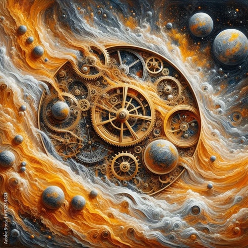  a surreal cosmic scene where celestial bodies intertwine with mechanical gears