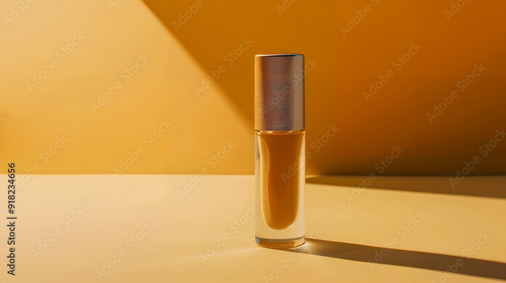 A makeup primer bottle mock-up positioned in front of a light tan gradient background. The bottle is elegantly designed, with sleek lines and a minimalist label A makeup primer bottle mock-up positioned in front of a light tan gradient background. The bottle is elegantly designed, with sleek lines and a minimalist label