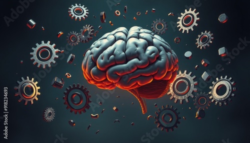 vector art of a brain surrounded by floating gears and cogs some cracked and falling away set against a dark backdrop illustrating themes of mental exhaustion and stress in photo