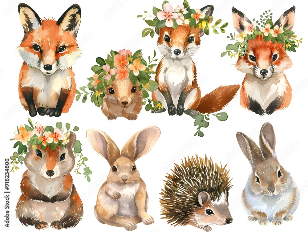 Fototapeta premium Cute animal with flower wreath on head, watercolor clipart set of 6 animals in different poses, fox bear squirrel hedgehog rabbit and bunny isolated 