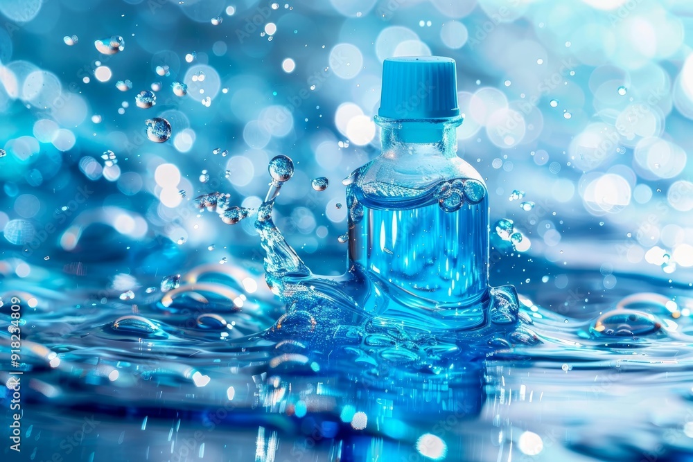 Closeup of a blue water bottle with splashing water against a bokeh background Closeup of a blue water bottle with splashing water against a bokeh background