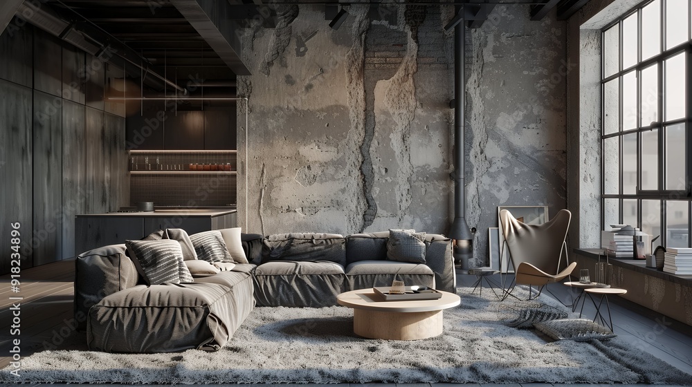 Rustic interior home design of modern living room with gray sofa and rustic barn wood table with wooden furniture shelves against black wall Rustic interior home design of modern living room with gray sofa and rustic barn wood table with wooden furniture shelves against black wall