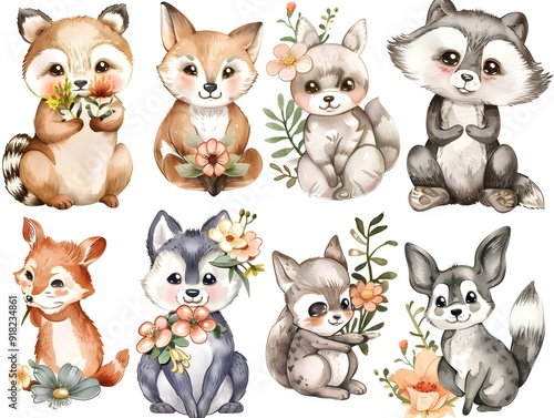 Cute animal with flower wreath on head, watercolor clipart set of 6 animals in different poses, fox bear squirrel hedgehog rabbit and bunny isolated 