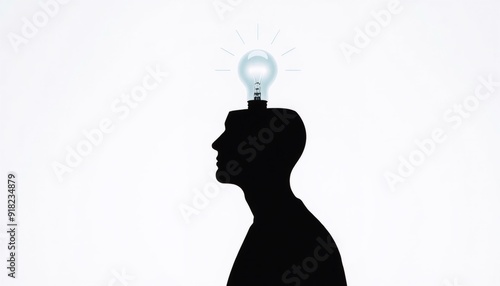 a lightbulb shining from the top of a head silhouette illuminating a bright white background symbolizing the emergence of creativity and bright ideas in a minimalist aestheti photo