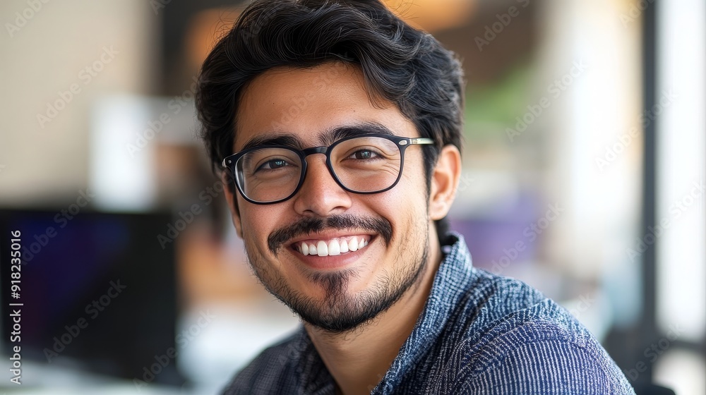 Obraz premium Confident Young Man with Glasses Smiling in Office Setting - This image features a young man with dark hair and glasses smiling confidently, symbolizing positivity, success, professionalism, and a wel
