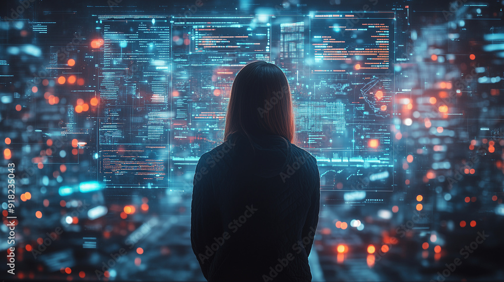 Master of the Digital Realm: A solitary figure, shrouded in shadow, navigates a sprawling network of data, their back turned as they command the digital landscape.