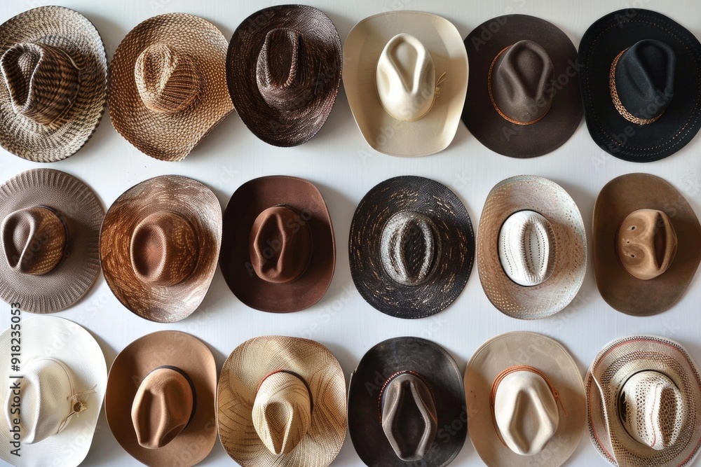 Variety of men's and women's hats presented neatly against a bright background Variety of men's and women's hats presented neatly against a bright background