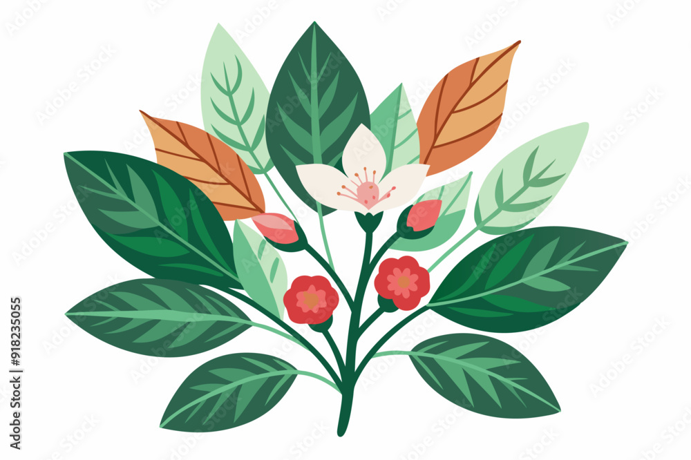 A Branch of Flowers with Green and Orange Leaves A Branch of Flowers with Green and Orange Leaves