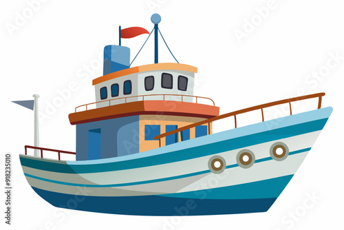 Cartoon Illustration of a Blue and White Striped Boat with a Red Flag