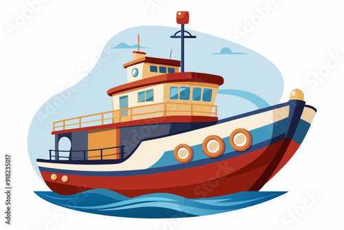 Cartoon illustration of a red, white, and blue boat with a light on the mast and the boat's bow pointed towards the right.