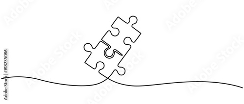 Two connected puzzles line art. Jigsaw pieces continuous one line drawing. No background illustration, One continuous line drawing of two hands holding puzzle pieces to unite them as sign to start
