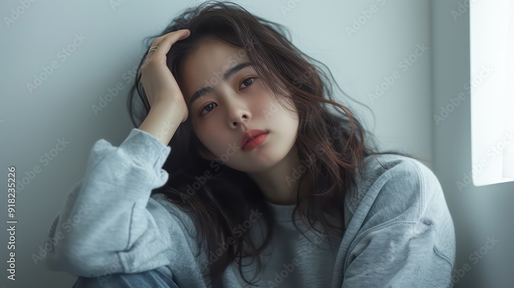 Melancholy Beauty, Portrait of a Pensive Young Woman in Soft Lighting Melancholy Beauty, Portrait of a Pensive Young Woman in Soft Lighting