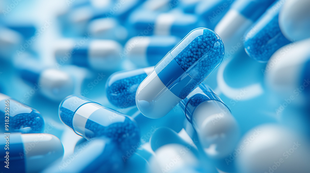 Blue Pills in Motion: A macro shot of vibrant blue and white capsules, symbolizing medicine, health, and pharmaceutical advancements.