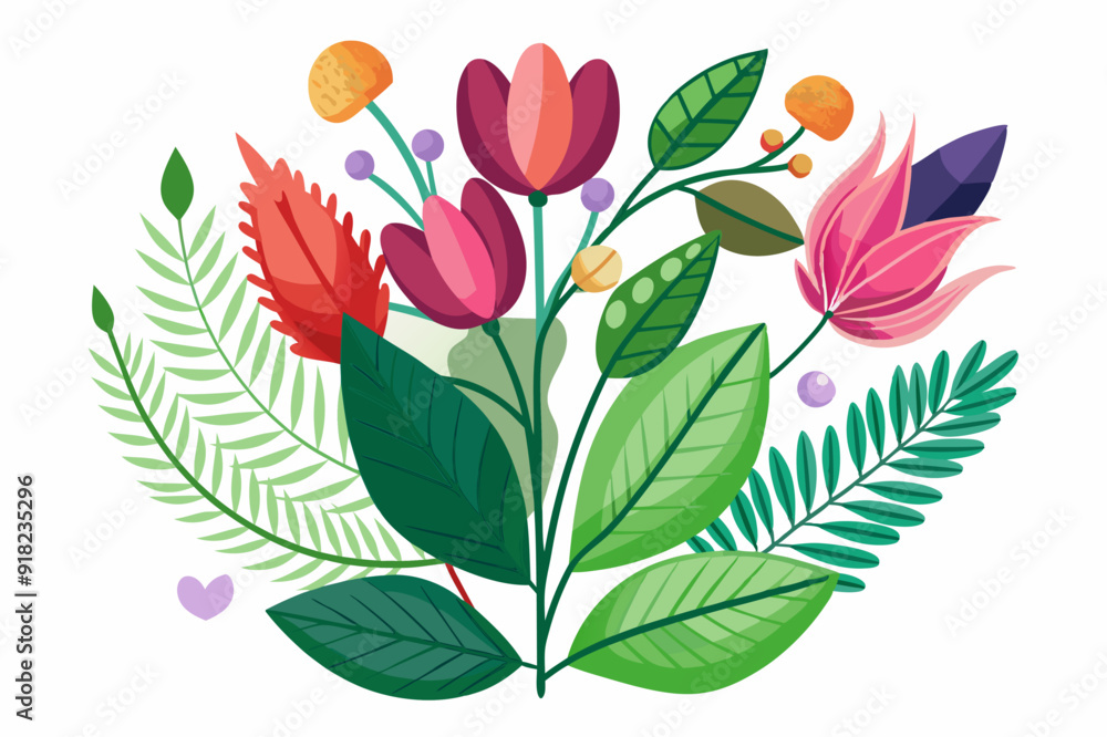 Colorful Bouquet of Flowers and Green Leaves Colorful Bouquet of Flowers and Green Leaves