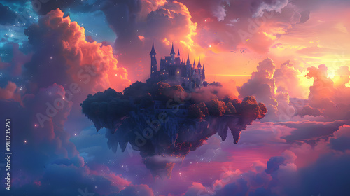 Enchanted Floating Castle Amidst Magical Cloudscape at Sunset with Mystical Light and Dreamlike Atmosphere