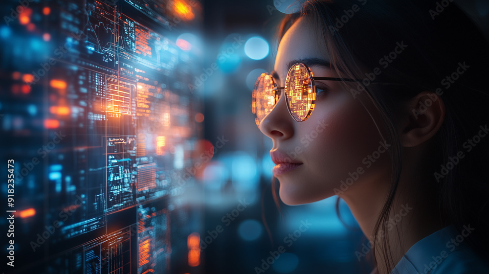 Data Driven: A young woman in stylish glasses intently studies a wall of glowing digital data, her gaze reflecting the vibrant hues of information flowing around her. This image is perfect for project