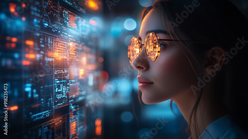 Obraz na płótnie Data Driven: A young woman in stylish glasses intently studies a wall of glowing digital data, her gaze reflecting the vibrant hues of information flowing around her. This image is perfect for project w salonie
