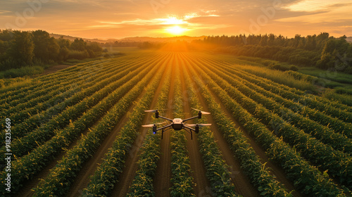 Golden Hour Drone Surveillance: A sophisticated drone surveys meticulously planted rows bathed in the warm glow of sunset over vast farmland, epitomizing modern agriculture. 