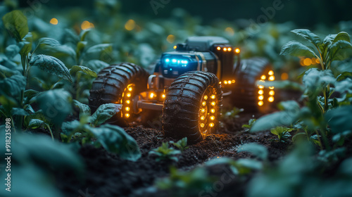 Autonomous Farming: A futuristic, high-tech tractor navigates a lush, verdant field, illuminating the path with its array of glowing lights. This image represents the promise of innovation in agricult photo