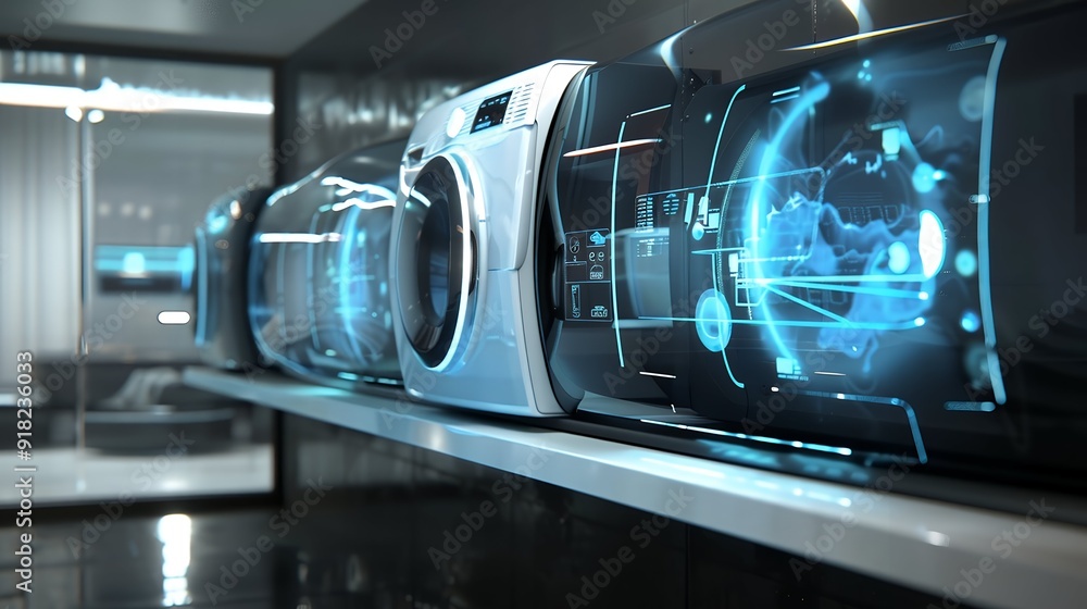 Futuristic laundry room with advanced washing machine and holographic interfaces Futuristic laundry room with advanced washing machine and holographic interfaces