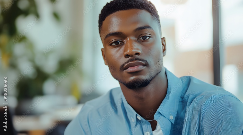 Naklejka premium african male in a blue shirt looking at the camera, office background,headshot