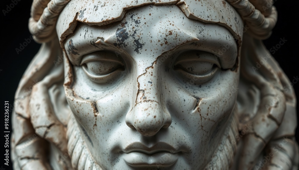 aged marble face of an old statue features a mix of cut and ripped elements baroque fusion with deep shadows enhancing texture positioned centrally against a dark backgroun aged marble face of an old statue features a mix of cut and ripped elements baroque fusion with deep shadows enhancing texture positioned centrally against a dark backgroun