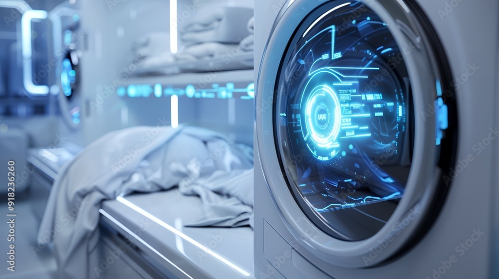 Futuristic laundry room with advanced washing machine and holographic interfaces Futuristic laundry room with advanced washing machine and holographic interfaces