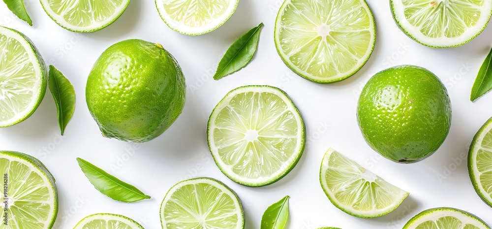 Fresh limes and leaves on a white background. Perfect for adding a touch of citrus to your designs. Fresh limes and leaves on a white background. Perfect for adding a touch of citrus to your designs.