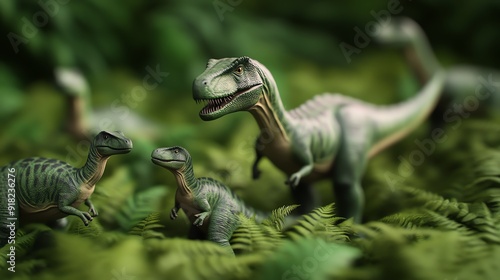 Camptosaurus family exploring a ferny undergrowth, CGI dinosaurs, dino family outing photo