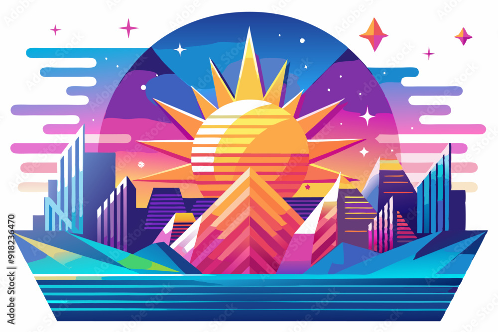 Fototapeta premium Geometric Cityscape with a Rising Sun and Stars