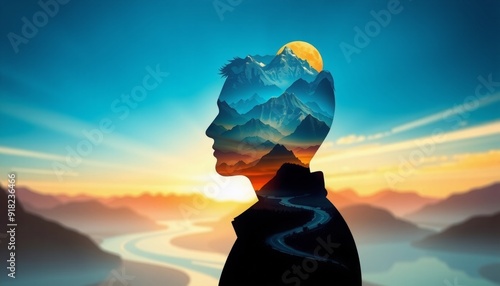 striking visual of a persons silhouette filled with vivid landscapes mountains and rivers flow within bright colors blend together representing the exploration of inner tho