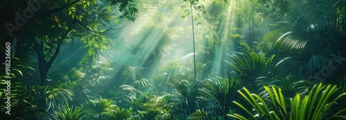 A lush green jungle with sunlight shining through the trees
