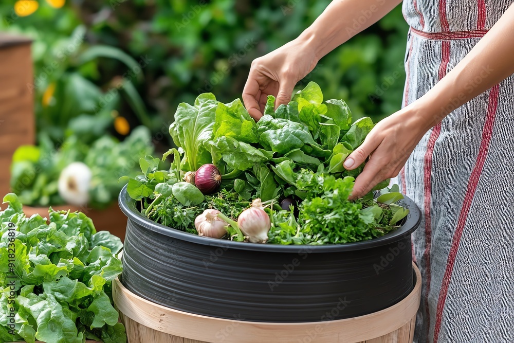 Hands picking fresh greens from a garden pot, showcasing vibrant vegetables in an organic garden setting. Hands picking fresh greens from a garden pot, showcasing vibrant vegetables in an organic garden setting.