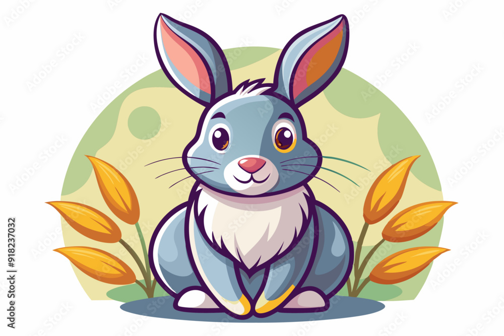 A Cartoon Gray Rabbit Sitting with a Smiling Expression in a Field A Cartoon Gray Rabbit Sitting with a Smiling Expression in a Field