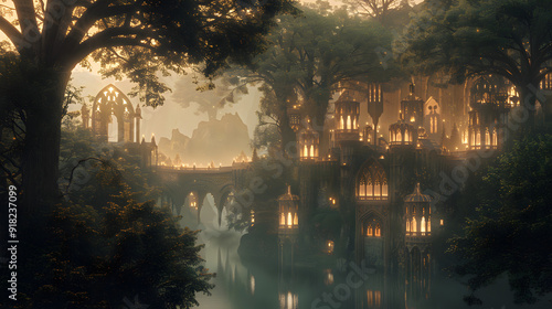 Enchanting Fantasy Elven Village with Majestic Architecture and Glowing Lanterns Amid Serene Forest and Misty River at Twilight
