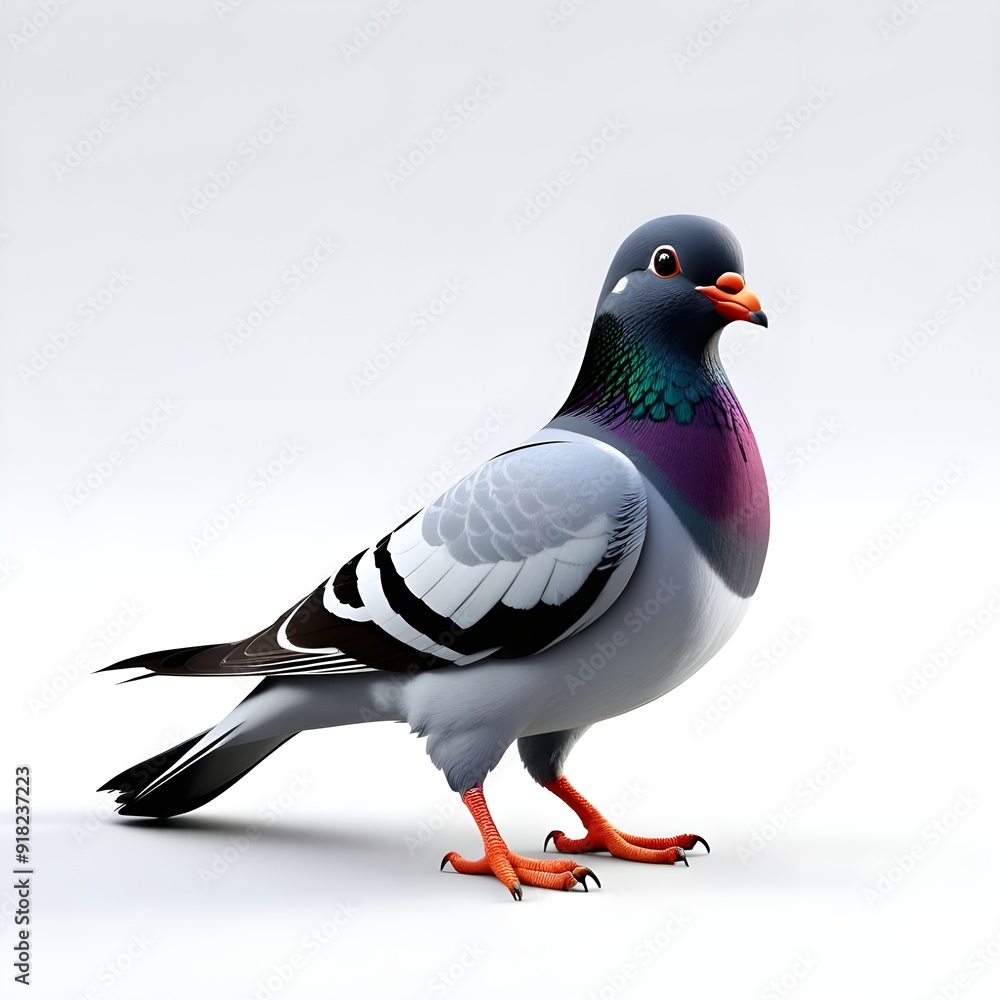 Fototapeta premium 새 조류 bird 그림자 Pigeon white 깔끔한 background 배경 하얀 실사 느낌 비둘기 3D 캐릭터 일러스트 애니 삽화 animation
