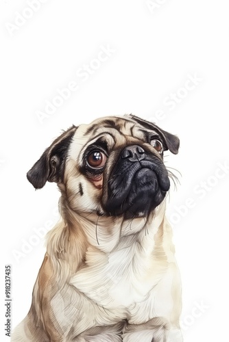 A realistic illustration of a pug dog with expressive eyes and a curious expression.