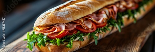 Delicious Ham and Tomato Sub Sandwich on a Rustic Wooden Board - A mouthwatering ham and tomato sub sandwich with fresh lettuce and mayonnaise, nestled on a rustic wooden board, symbolizing fresh ingr photo