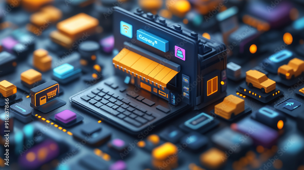 Online Store on a Chip: A futuristic, abstract representation of an e-commerce platform. The image showcases a digital storefront on a microchip, highlighting the interconnectedness of online business
