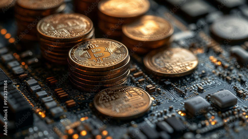 Bitcoin Bonanza: Golden Bitcoins Stacked High on a Circuit Board Bitcoin Bonanza: Golden Bitcoins Stacked High on a Circuit Board