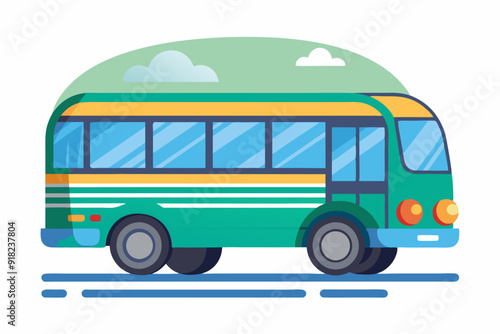 A Green and Yellow Bus Driving on a Road with Clouds in the Background