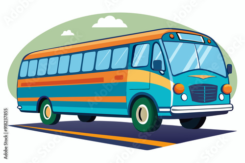 Vintage Blue and Orange Bus on a Road with a Yellow Line
