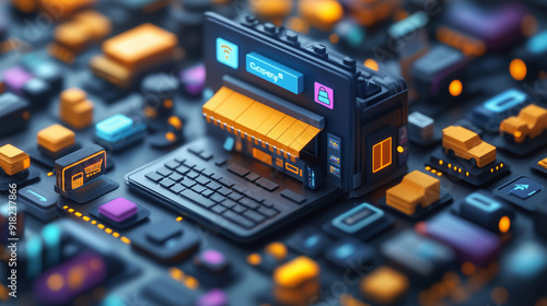 Obraz na płótnie Online Store on a Chip: A futuristic, abstract representation of an e-commerce platform. The image showcases a digital storefront on a microchip, highlighting the interconnectedness of online business w salonie