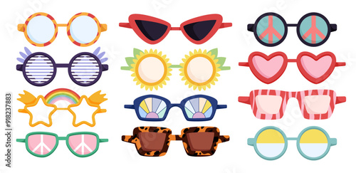 Groovy cartoon sunglasses set. Funny retro eyeglasses for sun protection with animal print on frames, star and flower, heart and round shapes. Eyewear stickers of 60s 70s style vector illustration