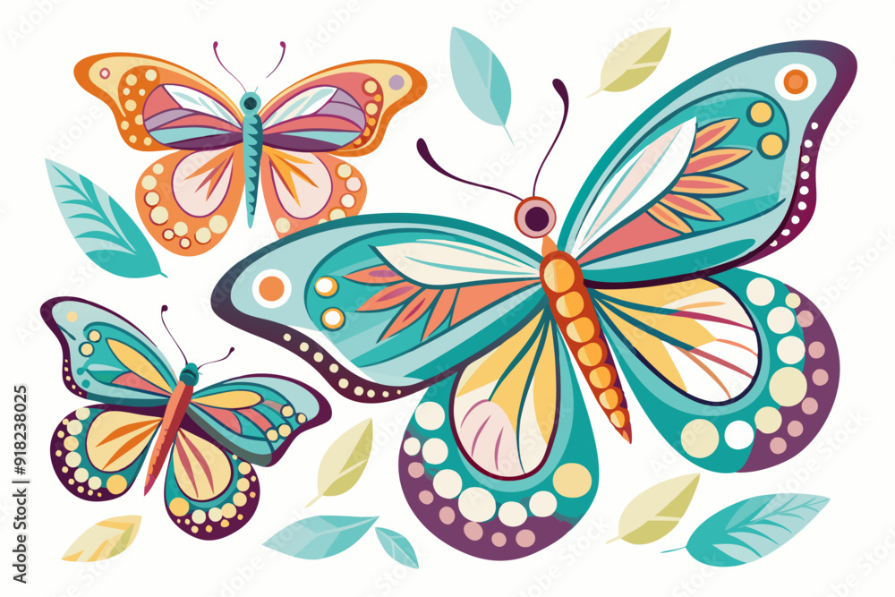 Three Colorful Butterflies and Leaves on a White Background Three Colorful Butterflies and Leaves on a White Background
