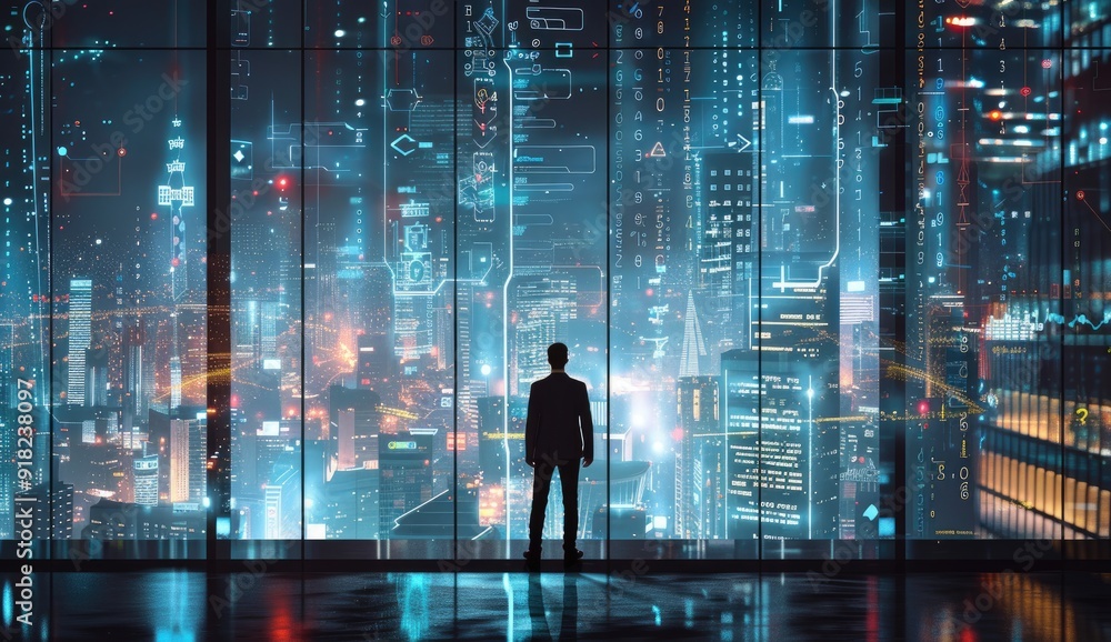 A man stands in front of a window looking out at a city A man stands in front of a window looking out at a city