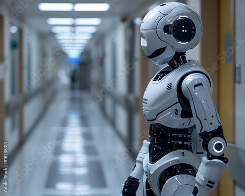 Sleek Humanoid Robot Providing Medical Support in Hospital Corridor